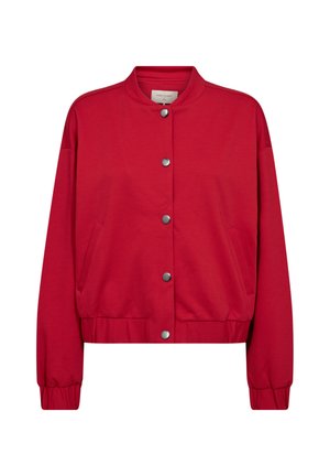 Rode bomberjack met drukknopen aan de voorkant, geribde kraag, manchetten en zoom, en zijzakken met openingen.