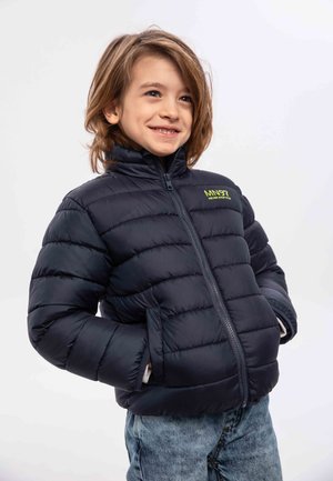 Puffige navyblaue Jacke mit vertikalen Nähten, hohem Kragen und Reißverschluss. Verfügt über zwei seitliche Taschen und ein grünes Logo auf der Brust.