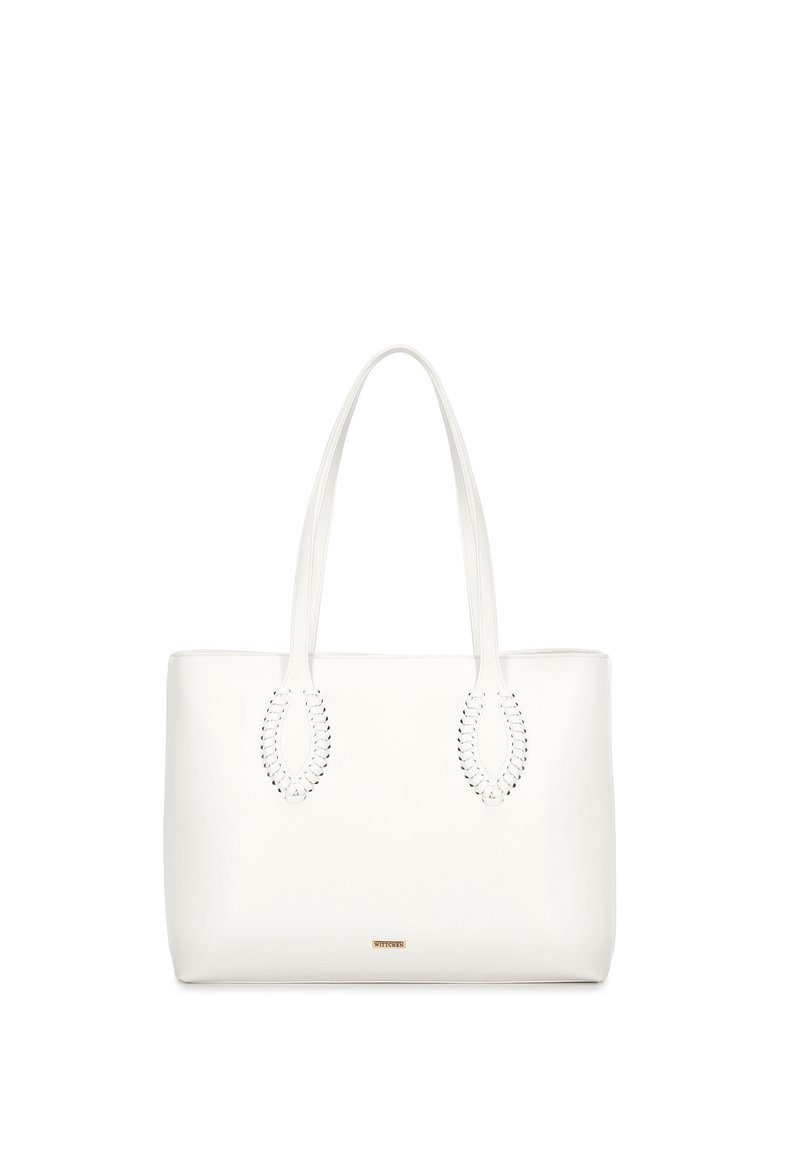 Borsa tote in pelle bianca con doppi manici e dettagli ovali intagliati, caratterizzata da cuciture decorative. Design semplice e strutturato con logo dorato.