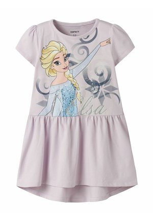 Vestito lilla per bambina con maniche a sbuffo, raffigurante Elsa di Frozen con un abito blu, motivi di fiocchi di neve e la scritta "Elsa" sul davanti.