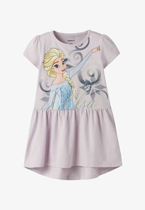 Lilla kjole for småbarn med pufferm er med Elsa fra Frost i en blå kjole, snøfnuggmønstre og teksten "Elsa" på forsiden.