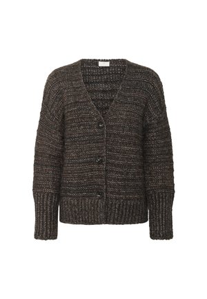 Hnědý pletený cardigan s véčkovým výstřihem, třemi knoflíky, žebrovanými manžetami a strukturovaným vzorem. Měkký materiál s uvolněným střihem.