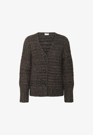 Cardigan en tricot marron avec un col en V, trois boutons, des poignets côtelés et un motif texturé. Matière douce avec une coupe décontractée.