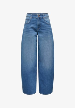 Široke jeans hlače iz modrega jeansa z visokim pasom, sprednjimi žepi in zapenjanjem na gumbe.