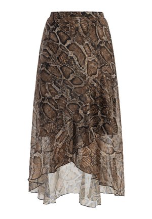 Fustă midi cu imprimeu de șarpe maro, cu margine înclăcată, realizată dintr-un material ușor. Are un tiv fixat și o textură transparentă.