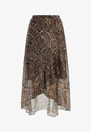 Fustă midi cu imprimeu de șarpe maro, cu margine înclăcată, realizată dintr-un material ușor. Are un tiv fixat și o textură transparentă.