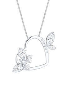 Silberner herzförmiger Anhänger mit floralen Akzenten, verziert mit klaren Edelsteinen. Die Kette ist fein und strukturiert.