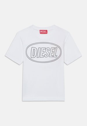 Wit katoenen T-shirt met korte mouwen en een ronde hals, met een zwart ovaal "DIESEL" logo gedrukt aan de voorkant.