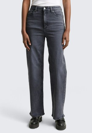 High-waisted, wide-leg jeans in dark gray denim. Features front pockets, a button closure, and a slightly faded finish for texture.