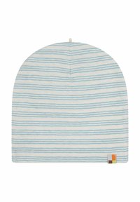 Berretto bianco con strisce orizzontali azzurro chiaro, forma arrotondata e un piccolo etichetta multicolore sul lato destro in basso. Tessuto morbido.