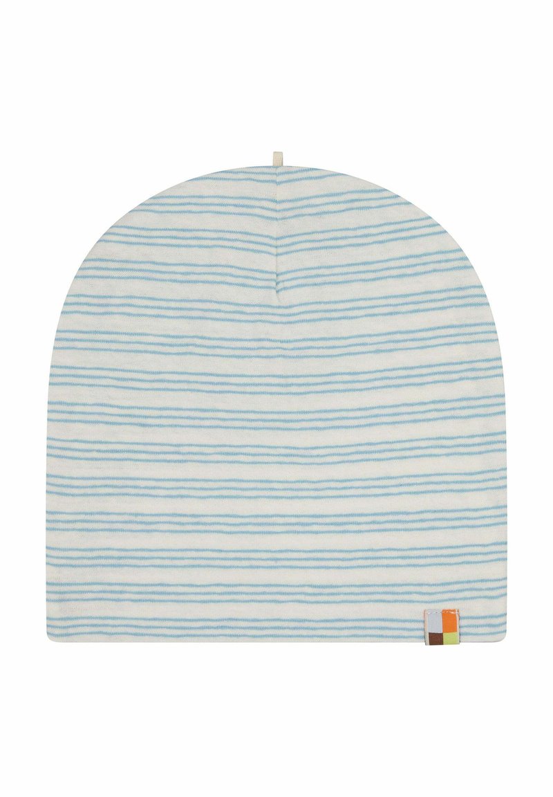 Berretto bianco con strisce orizzontali azzurro chiaro, forma arrotondata e un piccolo etichetta multicolore sul lato destro in basso. Tessuto morbido.