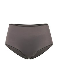 Hoge taille, donkergrijze onderbroek met een gestructureerd patroon, voorzien van contrasterende zwarte randen langs de tailleband en de beenopeningen.