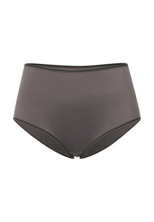 Culotte taille haute gris foncé avec un motif texturé, présentant un bord noir contrastant le long de la ceinture et des ouvertures des jambes.