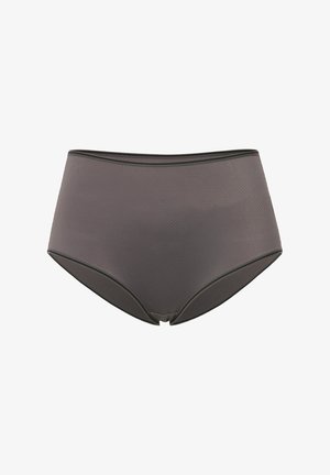 Culotte taille haute gris foncé avec un motif texturé, présentant un bord noir contrastant le long de la ceinture et des ouvertures des jambes.