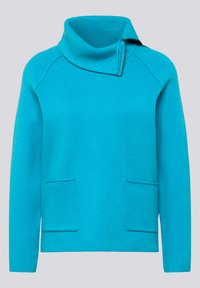 Helle türkisfarbene Langarmpullover mit hohem asymmetrischem Reißverschlusskragen und zwei vorderen aufgesetzten Taschen.