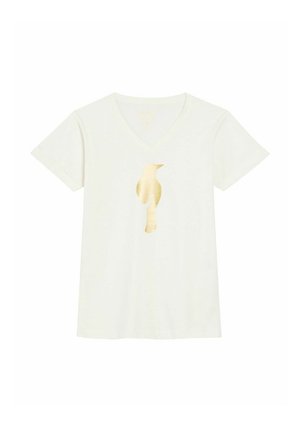 Biała bawełniana koszulka z dekoltem w serek i krótkimi rękawami. Na przedniej stronie znajduje się złoty wzór sylwetki ptaka.