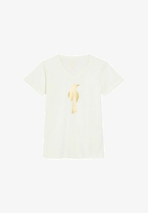 Biała bawełniana koszulka z dekoltem w serek i krótkimi rękawami. Na przedniej stronie znajduje się złoty wzór sylwetki ptaka.