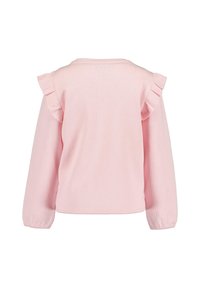 Rosa ribbad långärmad topp med volangdetaljer vid axlarna, rund halsringning och elastiska manschetter. Mjuk textur och avslappnad passform.