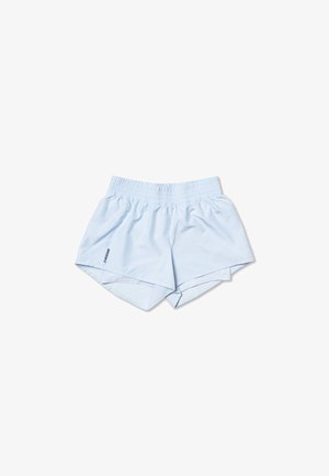 Light blue women's athletic shorts with elastic waist and overlapping hem detail, featuring small black logo on left side.