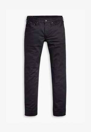 Schwarze Slim-Fit-Jeans mit Fronttaschen, Gürtelschlaufen und Knopfverschluss, flach auf einem weißen Hintergrund präsentiert.