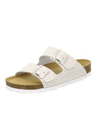 White slip-on sandals with two adjustable straps, textured upper, and a light brown cushioned footbed. Features a white rubber sole.