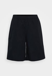 Black athletic shorts with an elastic waistband, a loose fit, and a smooth texture. The design is simple with no patterns or accents.