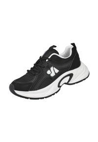 Zapato deportivo negro con material de malla y sintético, suela gruesa blanca, cordones negros y un detalle de logo en blanco en el lateral.