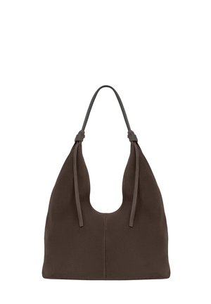 Dark brown suede hobo handbag with a single shoulder strap and two decorative drawstring ties on the front.
