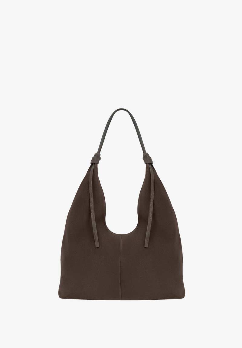 Sac à main hobo en daim brun foncé avec une bandoulière unique et deux cordons décoratifs à l'avant.
