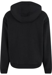 Hoodie noir avec capuche à cordon de serrage, poignet et ourlet côtelés. Fabriqué en tissu doux, avec une texture lisse et un design épuré et minimaliste.