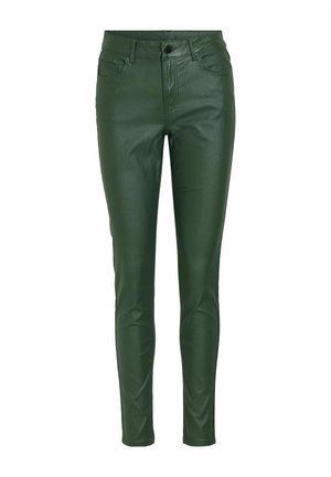Jean skinny en simili cuir vert avec une texture lisse, design à cinq poches, fermeture à bouton à l'avant et ourlet structuré.