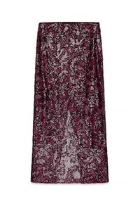 Bordo bleščičast krilo z cvetlično čipkastim vzorcem, dolžine do kolen, prosojna tekstura, prilega se in ima gladko podlogo.