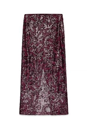 Gonna bordeaux con paillettes e motivo in pizzo floreale, lunghezza al ginocchio, tessuto trasparente, design aderente e foderata internamente.