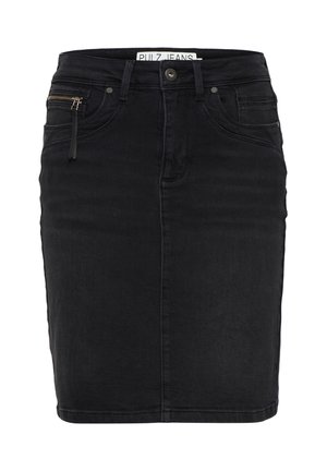 Black denim skirt featuring a straight cut, front zipper pocket, and a button closure. Mid-length design with a clean finish.