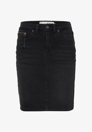 Black denim skirt featuring a straight cut, front zipper pocket, and a button closure. Mid-length design with a clean finish.