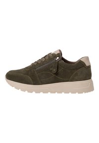 Sneaker scamosciato verde oliva con dettagli beige chiaro sul tallone, caratterizzato da cuciture decorative e una cerniera laterale. Suola in gomma spessa.