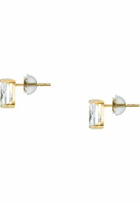 Guldtonade stiftörhängen med en klar rektangulär kristall, inramad av en strukturerad metalldesign, med en silikonbacking för säker bärning.