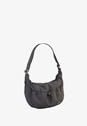 Gray nylon shoulder bag with a rounded shape, featuring a drawstring closure, adjustable strap, and a front pocket. Smooth texture, minimal design.
