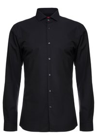 Zwarte lange mouwen shirt gemaakt van gladde stof, met een button-down kraag, zwarte knopen en een rechte zoom zonder patronen.