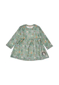 Langärmliges Kleid aus türkisfarbenem Stoff, mit einem floralen und tierischen Druck in verschiedenen Farben. Geraffte Taille mit einem Igel-Patch-Detail.