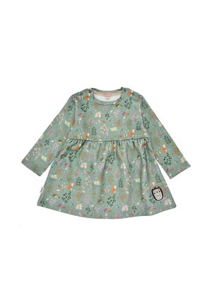 Langärmliges Kleid aus türkisfarbenem Stoff, mit einem floralen und tierischen Druck in verschiedenen Farben. Geraffte Taille mit einem Igel-Patch-Detail.