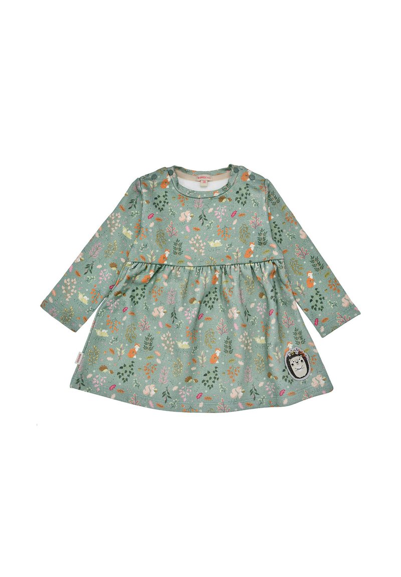 Langärmliges Kleid aus türkisfarbenem Stoff, mit einem floralen und tierischen Druck in verschiedenen Farben. Geraffte Taille mit einem Igel-Patch-Detail.