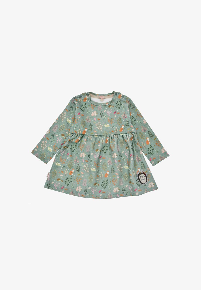 Langärmliges Kleid aus türkisfarbenem Stoff, mit einem floralen und tierischen Druck in verschiedenen Farben. Geraffte Taille mit einem Igel-Patch-Detail.