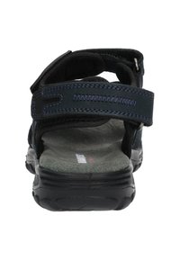 Sandal nera e blu regolabile con cinturini testurizzati, soletta imbottita e suola flessibile, dotata di chiusura sicura con gancio e velcro.