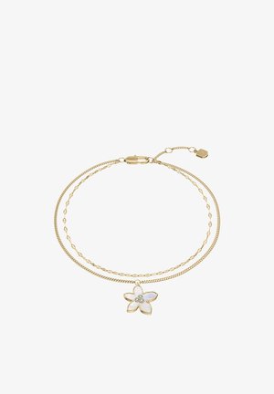 Bracelet délicat à double chaîne en or avec un pendentif en forme de fleur composé de pétales en nacre et trois petits cristaux incrustés.