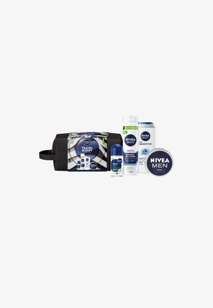 Travel bag in black with a geometric design, contains NIVEA MEN products: roll-on, shaving gel, body wash, and cream, with blue and white labels.