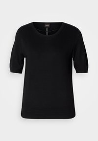 Black short-sleeve knit top with a crew neckline, ribbed hem, and subtle texture, featuring a center logo tag at the back.