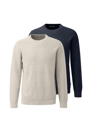 To langærmede crewneck-trøjer, en beige foran og en marineblå bagved, vist på en hvid baggrund.