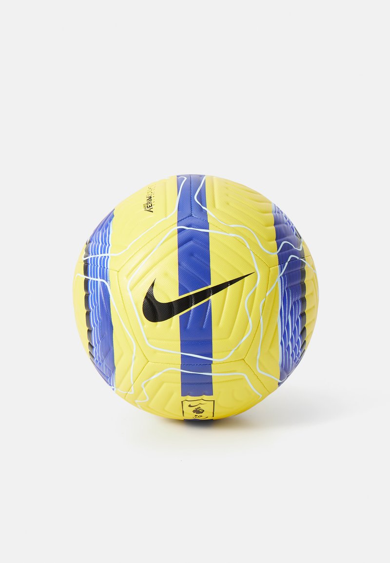 Pallone da calcio Nike con una superficie gialla, strisce blu e contour bianchi, testurizzato per una migliore presa, con un logo nero su un lato.