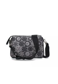 Borsa a tracolla grigia con motivo geometrico, chiusura con zip e una tracolla nera staccabile. Realizzata in materiale sintetico con una texture liscia.